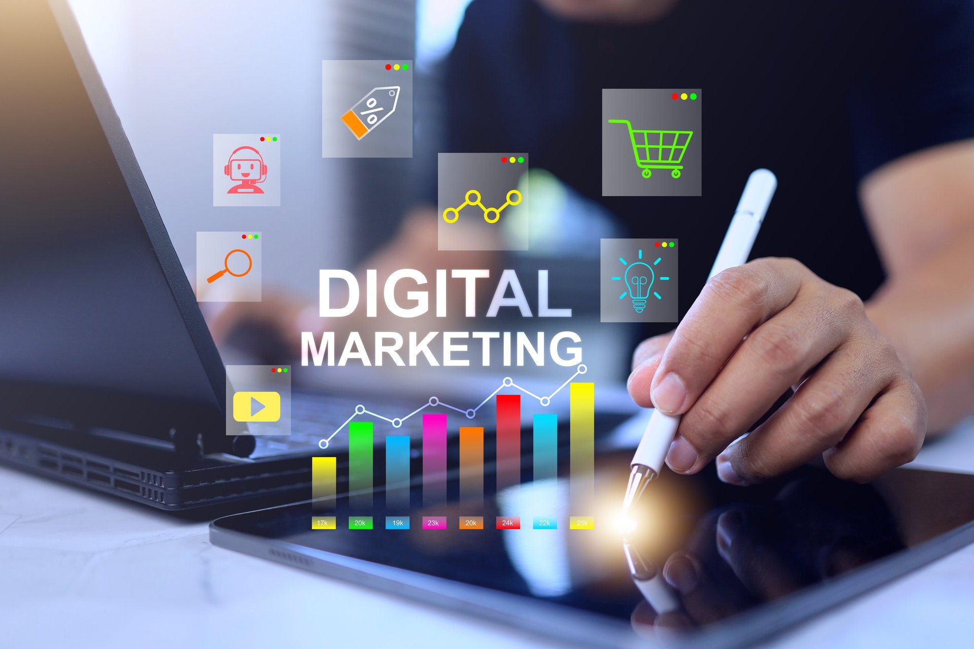 Digital marketing concept a man working on tablet