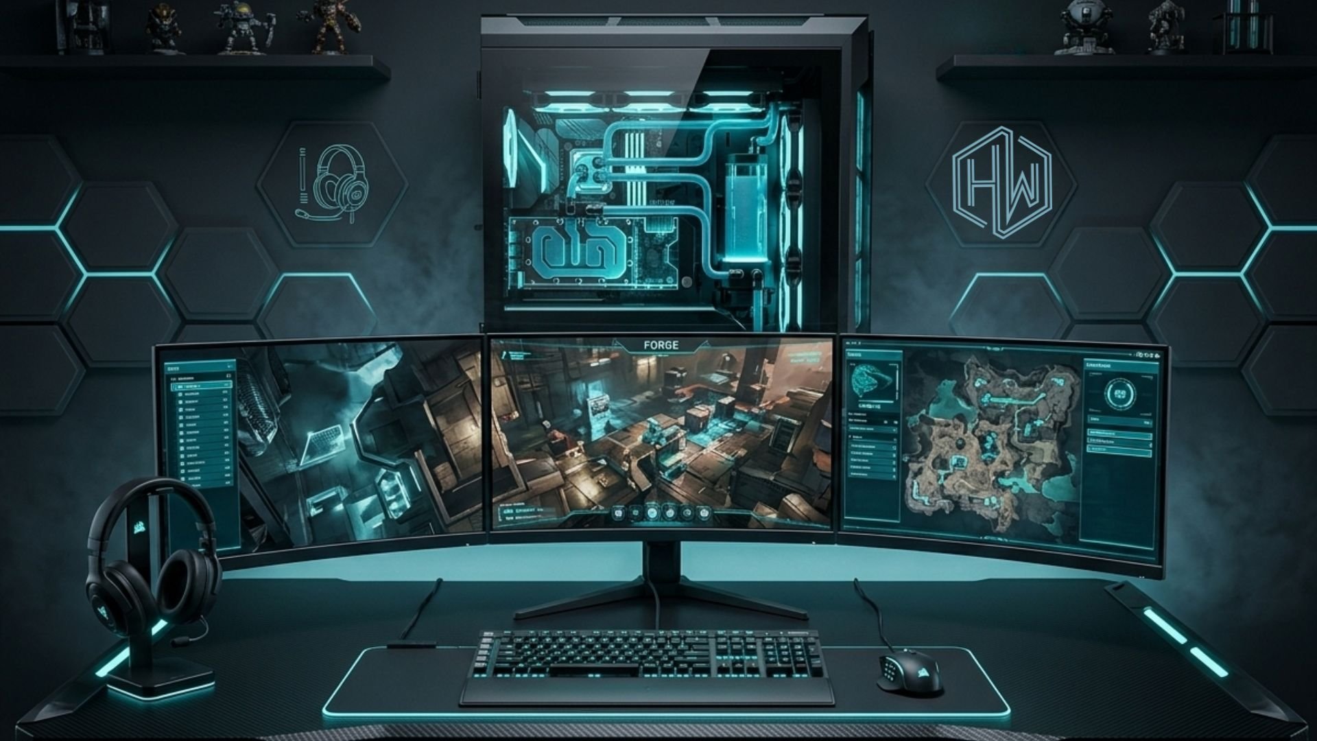 Gaming setup with dual monitors displaying game footage, mechanical keyboard, headset, and glowing cyan sci-fi themed background