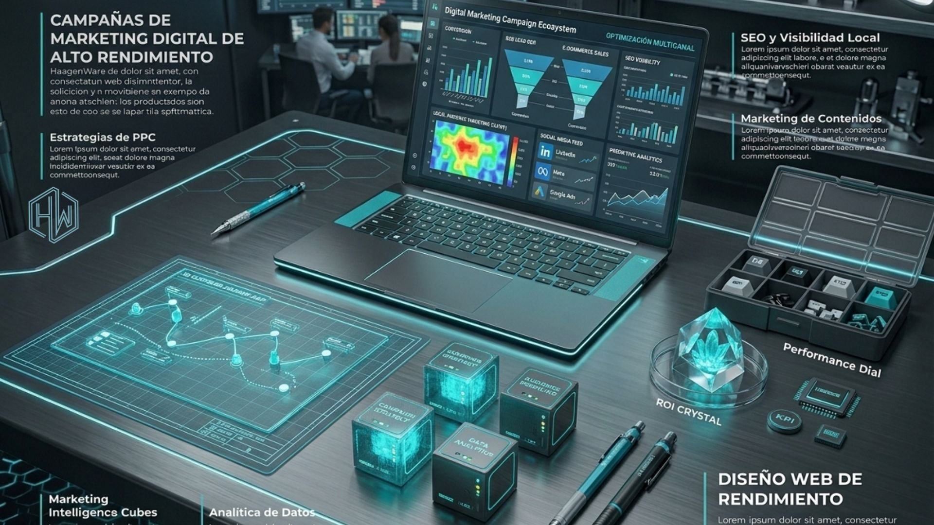 Digital marketing workspace with laptop, tablets, and holographic data visualizations showing analytics, SEO, and web design elements