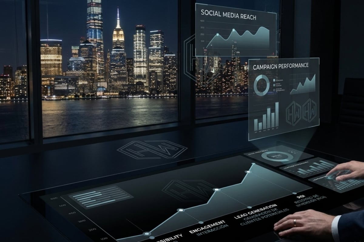 Person analyzing digital marketing analytics on holographic displays with cityscape view in background