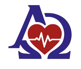 Alpha Omega medical logo with heartbeat line inside red heart shape and blue Greek letters