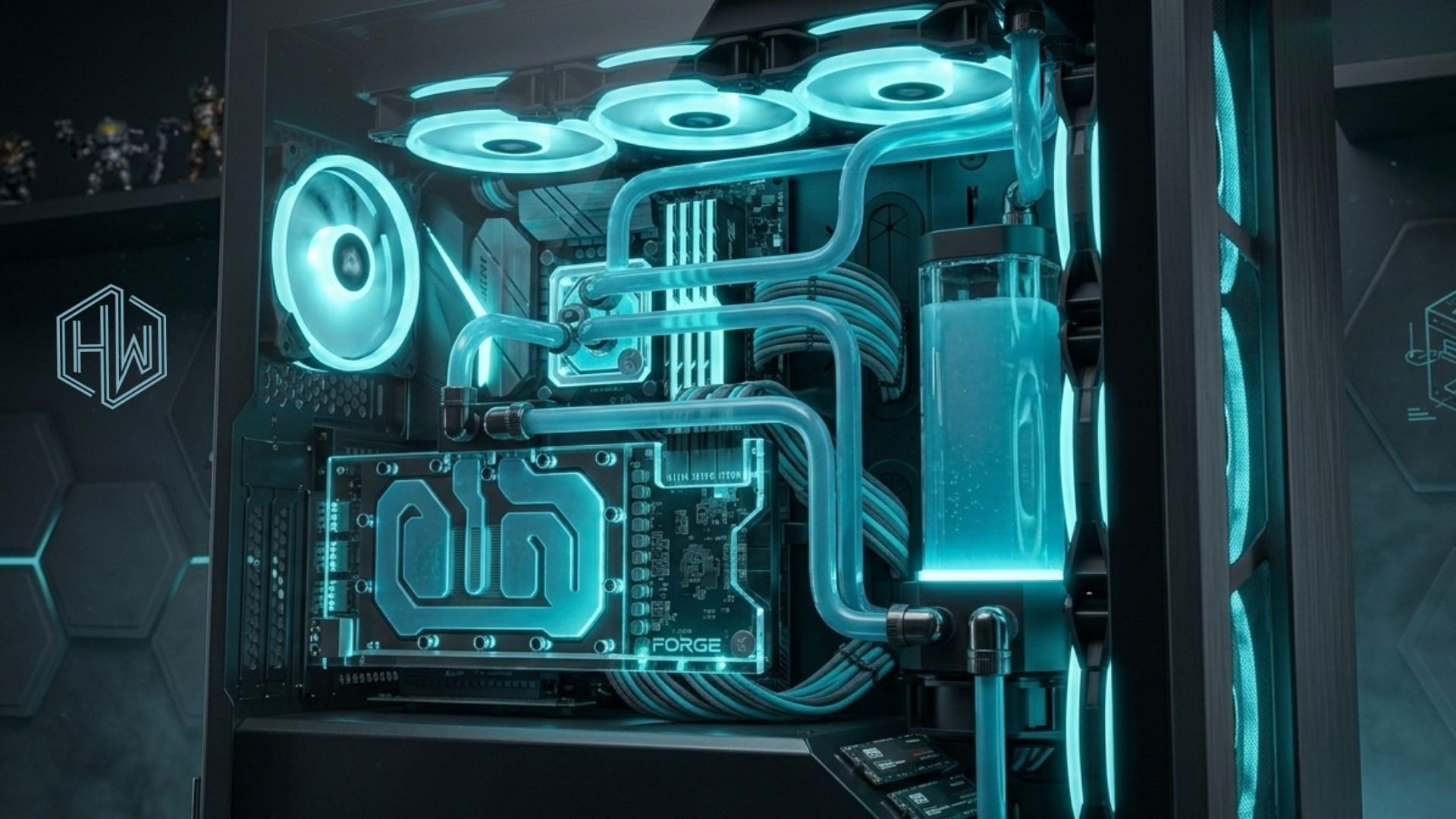 High-performance gaming PC interior with cyan LED lighting showing CPU cooler, fans, and water cooling system