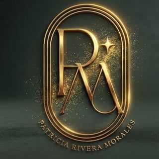 Gold monogram logo with initials PRM in ornate oval frame with sparkling accents