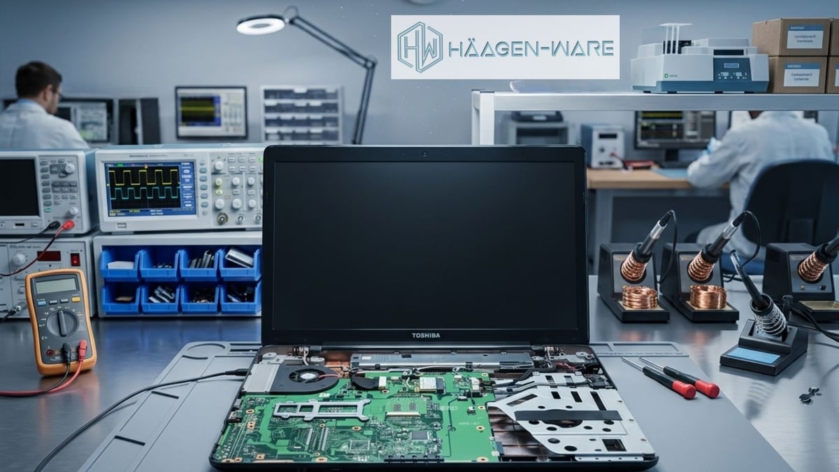 Electronics repair workbench with disassembled laptop showing green circuit board, surrounded by test equipment and tools