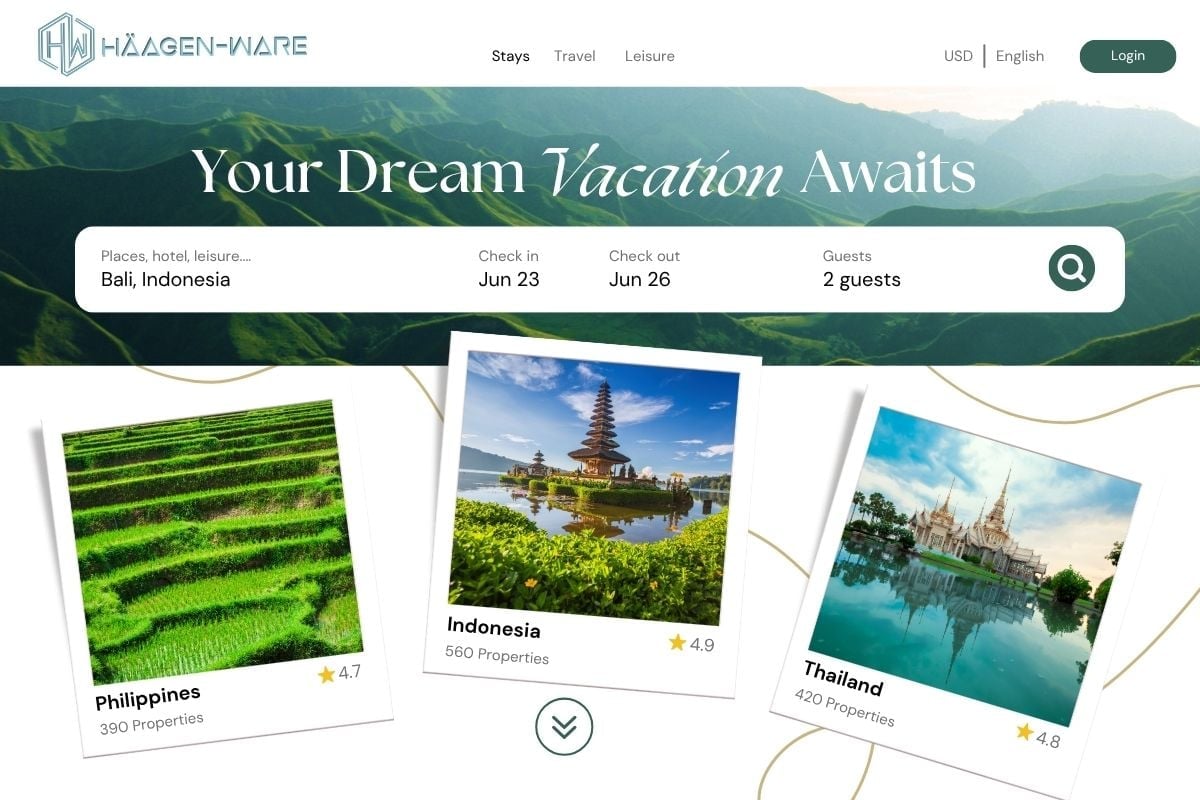 Travel booking website homepage showing vacation search interface with destination cards for Philippines, Indonesia, and Thailand