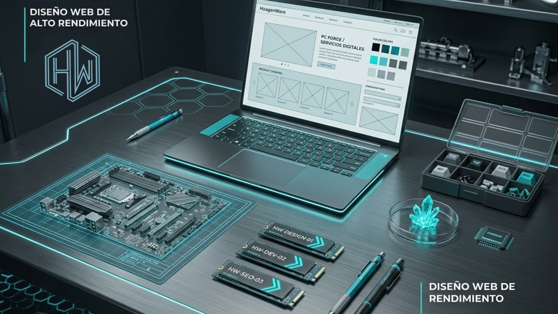 Modern web design workspace with laptop, holographic displays, circuit board design, and digital tools on a dark desk with neon cyan accents