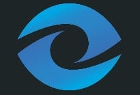 Blue circular logo with black curved wave design element
